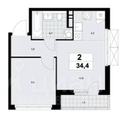 2-комн.кв., 34 м², этаж 7