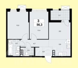 3-комн.кв., 56 м², этаж 9