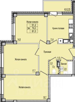 3-комн.кв., 82 м², этаж 6