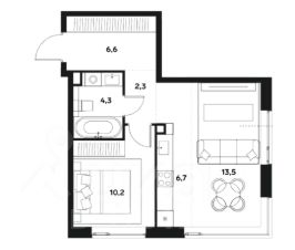 2-комн.кв., 44 м², этаж 16
