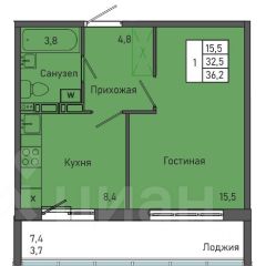 1-комн.кв., 36 м², этаж 2