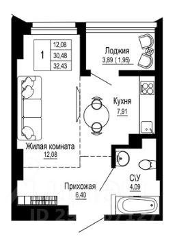 1-комн.кв., 33 м², этаж 19