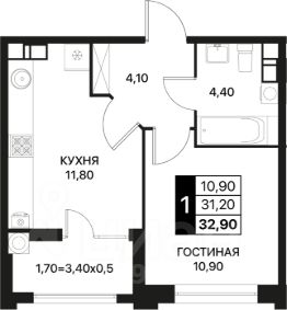 1-комн.кв., 33 м², этаж 13