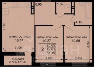 2-комн.кв., 51 м², этаж 8