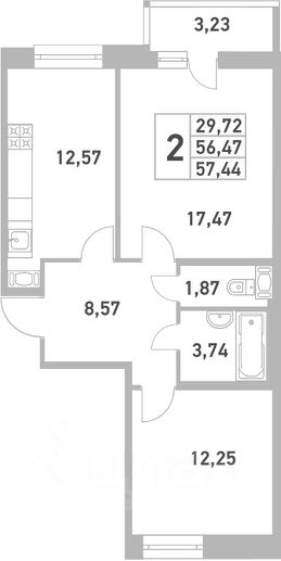 2-комн.кв., 57 м², этаж 3