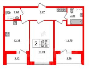 2-комн.кв., 61 м², этаж 11