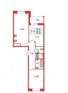 2-комн.кв., 57 м², этаж 9