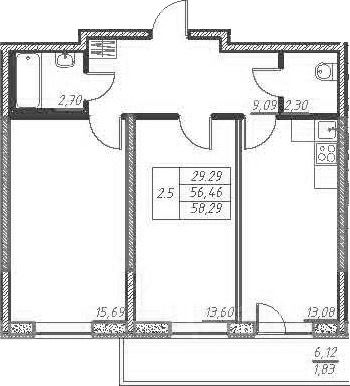 Продается2-комн.квартира,58,29м²