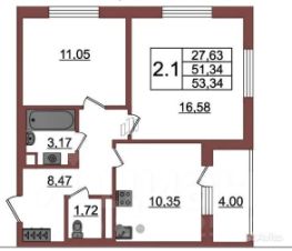 2-комн.кв., 51 м², этаж 4