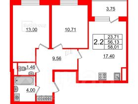 2-комн.кв., 58 м², этаж 3