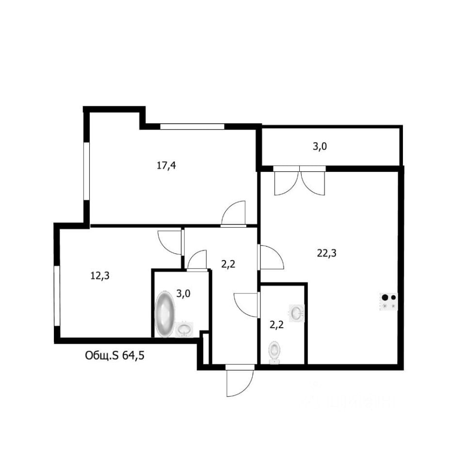 Продажа двухкомнатной квартиры 64,5м² ул. Дыбенко, 2, Санкт-Петербург, м.  Новочеркасская - база ЦИАН, объявление 296106526