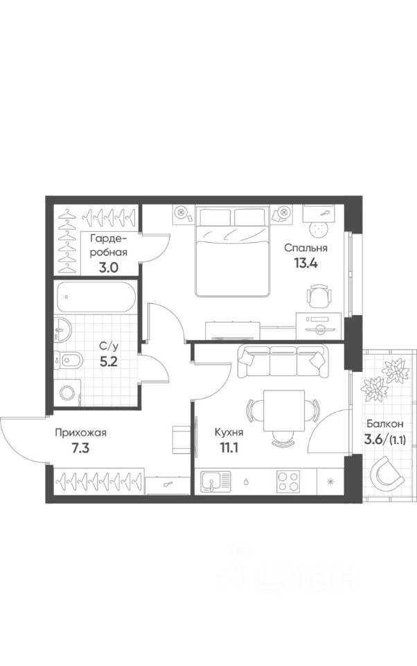Планировка квартиры включает спальню площадью 13.4 м² с двуспальной кроватью и рабочим столом, гардеробную 3.0 м², а также ванную комнату 5.2 м² с душевой кабиной. Просторная кухня 11.1 м² оборудована современными кухонными шкафами и столом для обеда. Прихожая 7.3 м² обеспечивает удобный доступ ко всем помещениям. Балкон 3.6 м² добавляет пространство для отдыха. Дизайн интерьера выполнен в светлых тонах с акцентами на функциональность и комфорт, что создает уютную атмосферу.