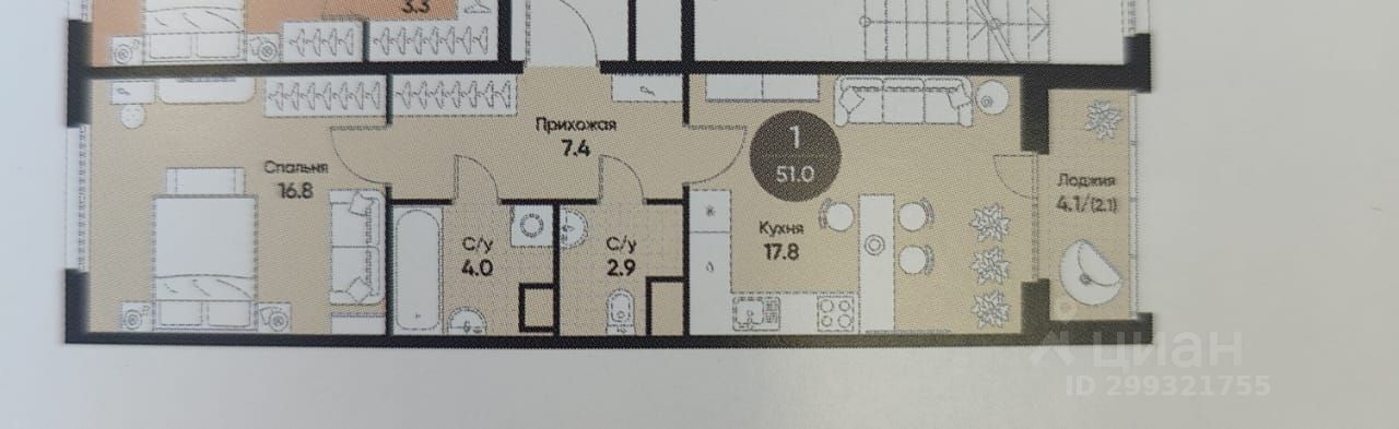 Планировка квартиры включает в себя прихожую площадью 7.4 м², спальню 16.8 м², кухню 17.8 м² и два санузла площадью 4.0 м² и 2.9 м². Спальня оформлена с учетом уюта, с местом для кровати и шкафов. Кухня просторная, с возможностью установки обеденной зоны. В санузлах предусмотрены основные элементы для удобства. Используемые материалы и отделка создают современный и функциональный интерьер, подчеркивая комфортное использование пространства. Цветовая палитра нейтральная, что позволяет легко адаптировать интерьер под любой стиль.