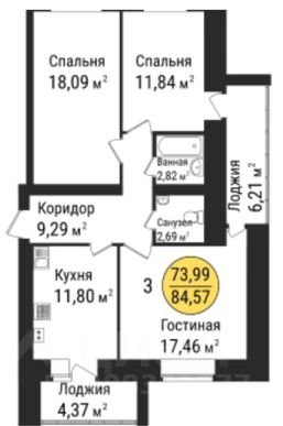 3-комн.кв., 85 м², этаж 9