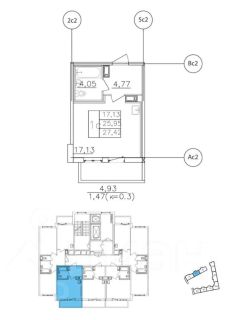 студия, 28 м², этаж 12