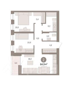 2-комн.кв., 65 м², этаж 8