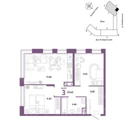 3-комн.кв., 54 м², этаж 3