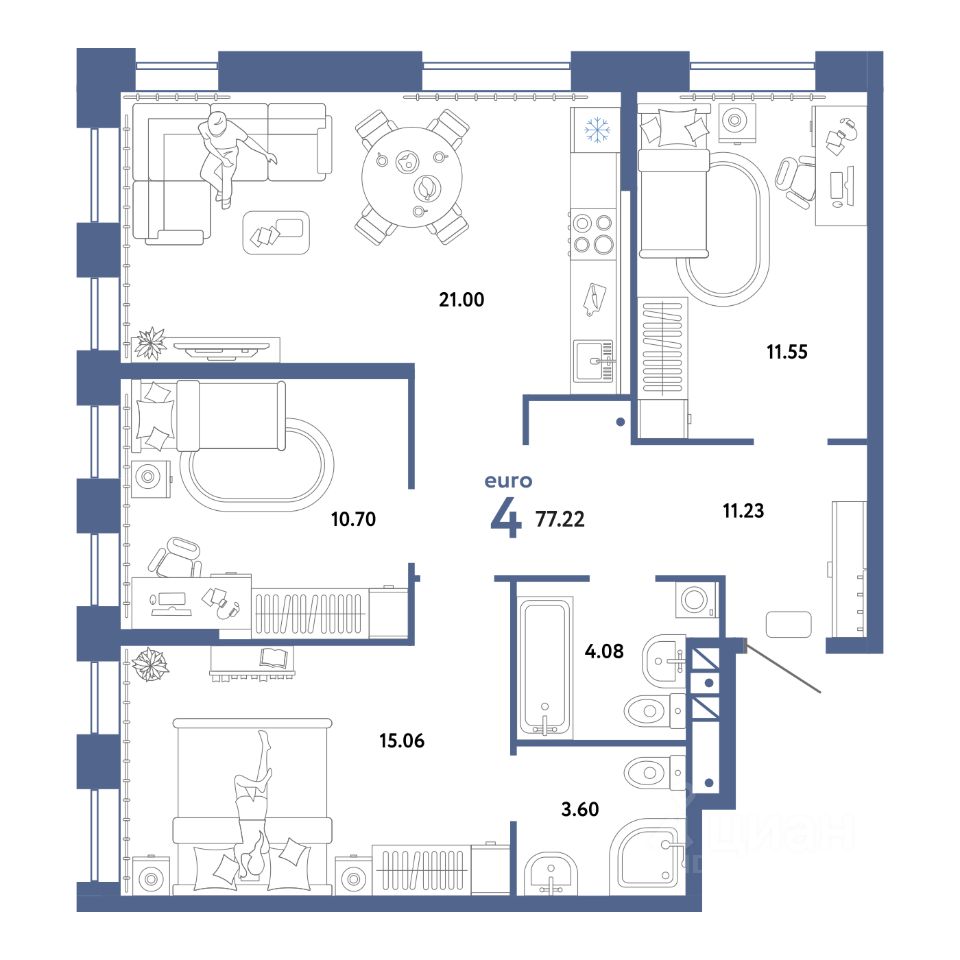 Купить четырехкомнатную квартиру 77,2м² ул. Новоселов, 98, Тюмень,  Тюменская область - база ЦИАН, объявление 301344198