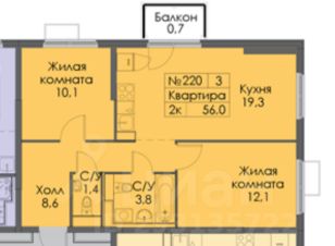 2-комн.кв., 56 м², этаж 7