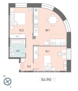3-комн.кв., 55 м², этаж 7