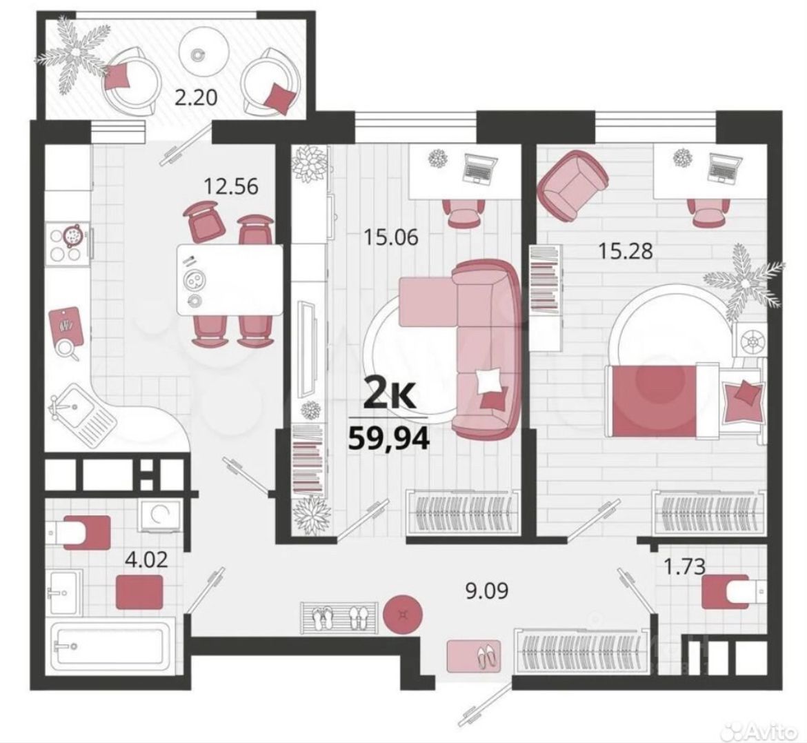 Купить двухкомнатную квартиру 59,9м² ул. Светлая, Краснодарский край,  Краснодар муниципальное образование, Знаменский поселок - база ЦИАН,  объявление 303978417