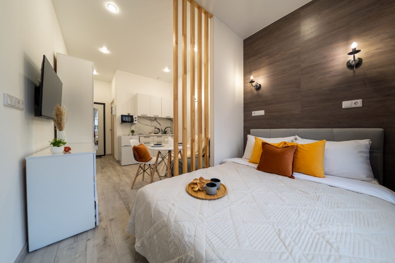 Посуточная аренда квартиры в Екатеринбурге, 25 кв.м, 1 этаж. Современный интерьер, уютная спальня, оборудованная кухня, стильный декор.