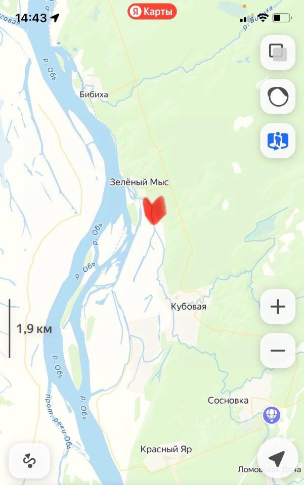 На изображении видно карту с обозначением местоположения, где выделен участок Зелёный Мыс. Основные элементы включают реки и дороги, а также соседние населённые пункты, такие как Кубовая и Красный Яр. Цветовая гамма карты включает различные оттенки зелёного и синего, что указывает на растительность и водные объекты. Линии на карте обозначают дороги и реки, а также топографические особенности местности. В правом верхнем углу отображаются элементы управления картой, такие как увеличение и уменьшение масштаба.