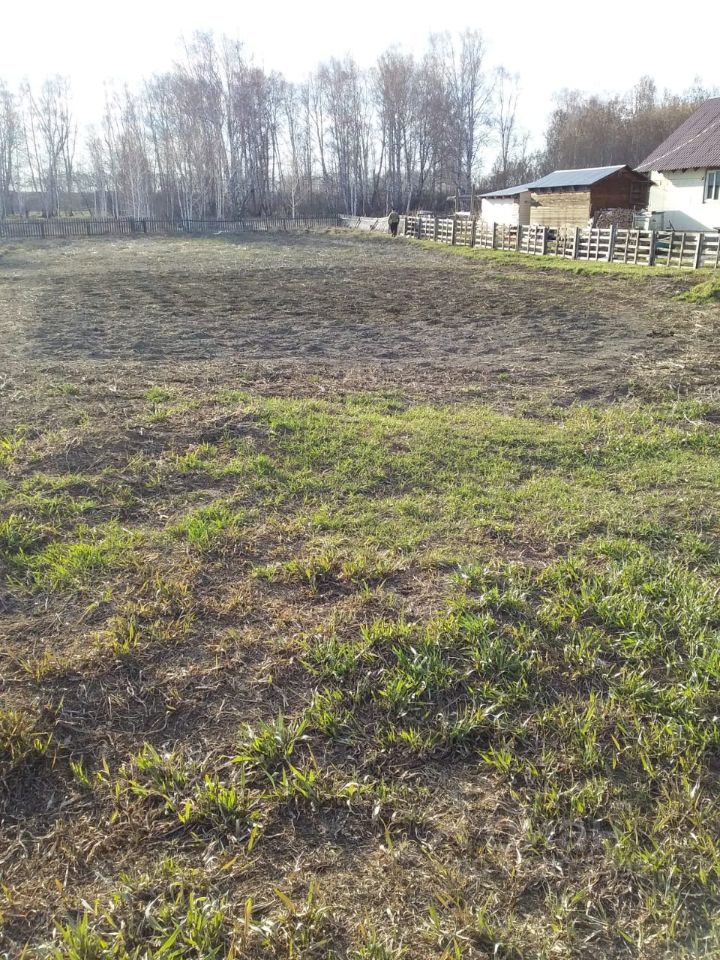 На фотографии видно открытое пространство с небольшим количеством зеленой травы и участками земли, где видны следы обработки. Вдалеке расположены деревянные постройки с крышей из металлочерепицы. Забор из деревянных досок окружает участок, создавая уединение. Архитектурные элементы простые и функциональные, что характерно для загородного строительства. Общая атмосфера спокойная и сельская, с акцентом на природные материалы и простоту дизайна. Участок подходит для строительства дома или дачи, с возможностью обустройства сада или огорода.