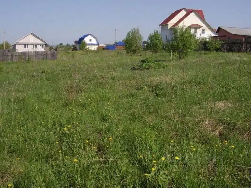 На фотографии изображен участок земли с зелеными травами и дикими цветами. Вдали видны несколько жилых домов с разными архитектурными стилями. Один из домов имеет светло-серый цвет и односкатную крышу, другой — белый с красной двускатной крышей. Окружающие деревья добавляют зелени к ландшафту. Участок выглядит ухоженным, но требует некоторого ухода. Присутствуют элементы ландшафтного дизайна, такие как небольшие грядки и дорожки. Общая атмосфера спокойная и уютная, подходящая для загородной жизни.
