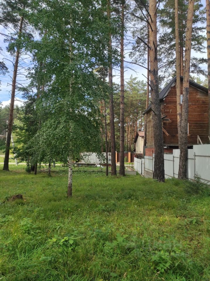 На фотографии виден участок с зелёной травой и несколькими деревьями, включая берёзу. С правой стороны расположены деревянные конструкции с крышей, выполненные в традиционном стиле. Здание имеет элементы из дерева и кирпича, что добавляет уютный вид. Ограда из белых панелей отделяет участок от соседних, создавая ощущение уединения. Вдали виднеется контейнер, который может использоваться для хранения. Общая атмосфера спокойная и естественная, что делает пространство привлекательным для отдыха на природе.