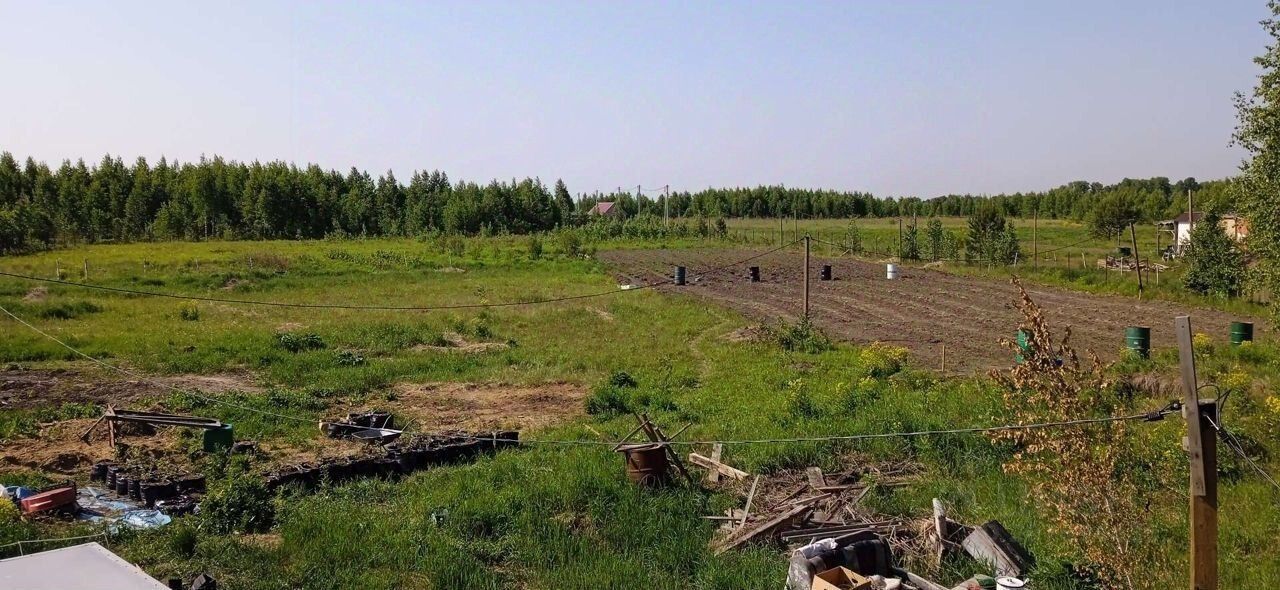 На фотографии представлено открытое пространство с зелеными лугами и участками, подготовленными для сельскохозяйственных работ. Вдали виднеются ряды деревьев, создающих естественную границу. На земле расположены черные бочки и другие контейнеры, что указывает на возможность хранения или использования ресурсов. Земля выглядит ухоженной, с аккуратными грядками, готовыми к посеву. Структурные элементы, такие как провода и деревянные конструкции, добавляют функциональности. Цвета преимущественно зеленые и коричневые, что создает атмосферу природы и сельского хозяйства.