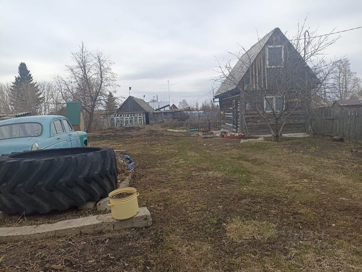 На фотографии представлен загородный дом в традиционном русском стиле. Стены выполнены из бревен, крыша двускатная, покрыта шифером. Внутренний двор имеет ухоженный вид, с небольшими грядками и участками земли. В центре внимания находится старая машина, припаркованная рядом с большим тракторным колесом, что придаёт атмосферу деревенской жизни. Также виден небольшой желтый горшок, возможно, для растений. Общая палитра включает натуральные древесные оттенки и элементы, характерные для сельской местности.