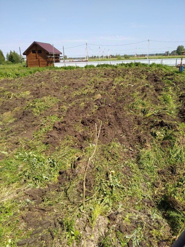 На фотографии видно участок земли с рыхлой почвой, подготовленной для посадки. Земля выглядит свежевспаханной, с остатками травы и корней. Вдалеке находится деревянный домик с красной крышей, который выполнен в традиционном русском стиле. По периметру участка видна ограда, а также столбы с проводами, что указывает на наличие электричества. Участок выглядит ухоженным и готовым для дальнейших работ. Основные цвета — коричневый от земли и зеленый от остатков растительности.