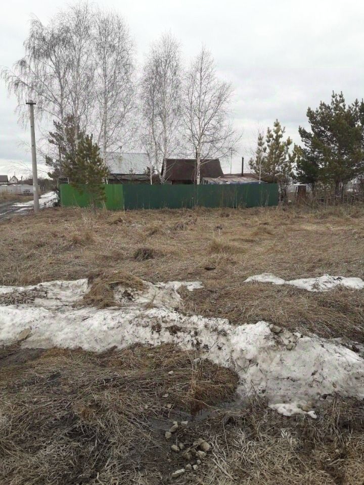 На фотографии виден открытый участок земли с высохшей травой и остатками снега. Вдали расположены деревья, среди которых выделяются березы и хвойные деревья. На заднем плане виднеется забор зеленого цвета, который ограничивает вид на строения. Структура участка достаточно просторная, с неравномерной поверхностью, местами видны камни. Цвета земли преимущественно коричневые и серые, с участками белого снега. Общая атмосфера выглядит спокойной и сельской, что подчеркивает природный ландшафт.