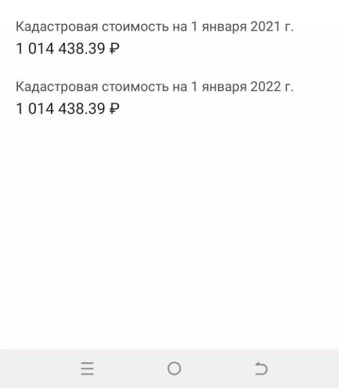 В изображении представлены текстовые данные о кадастровой стоимости на 1 января 2021 и 2022 годов. Данные оформлены в виде двух строк с указанием суммы в рублях. Шрифт четкий и читаемый, с акцентом на числовые значения. Фон изображения светлый, что делает текст более заметным. Дизайн минималистичен, без лишних элементов, что подчеркивает информацию. Отсутствуют визуальные элементы, которые могли бы отвлекать от содержания. В целом, оформление способствует легкому восприятию представленных данных.