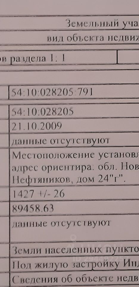 Документ содержит информацию о земельном участке, включая его идентификационный номер и адрес. Указаны данные о местоположении, а также детали, касающиеся назначения участка под жилую застройку. В текста присутствуют записи о площади и других характеристиках, однако некоторые данные отсутствуют. Документ оформлен в строгом деловом стиле, с четкими заголовками и структурированным представлением информации.