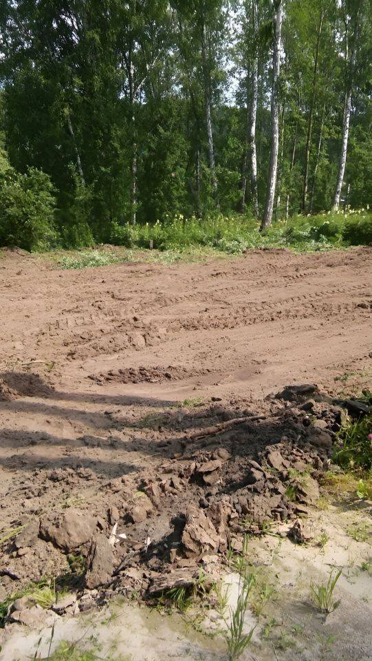 На фотографии видно подготовленное земельное пространство с обнаженной почвой и следами от техники. Земля имеет рыхлую текстуру, местами видны комья и небольшие камни. Вдали просматриваются зелёные деревья, создающие естественную границу участка. Отсутствие строений подчеркивает возможность застройки или ландшафтных работ. Цвета преимущественно earthy, с преобладанием коричневых и зеленых тонов. Эта территория может быть использована для строительства или озеленения, что делает её привлекательной для будущих проектов.